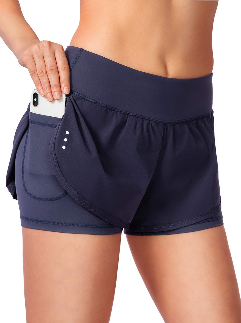 Soothfeel Women's 2 in 1 Running Shorts Workout Athletic Gym Yoga Shorts for Women with Phone Pockets Navy Blue - Image 1